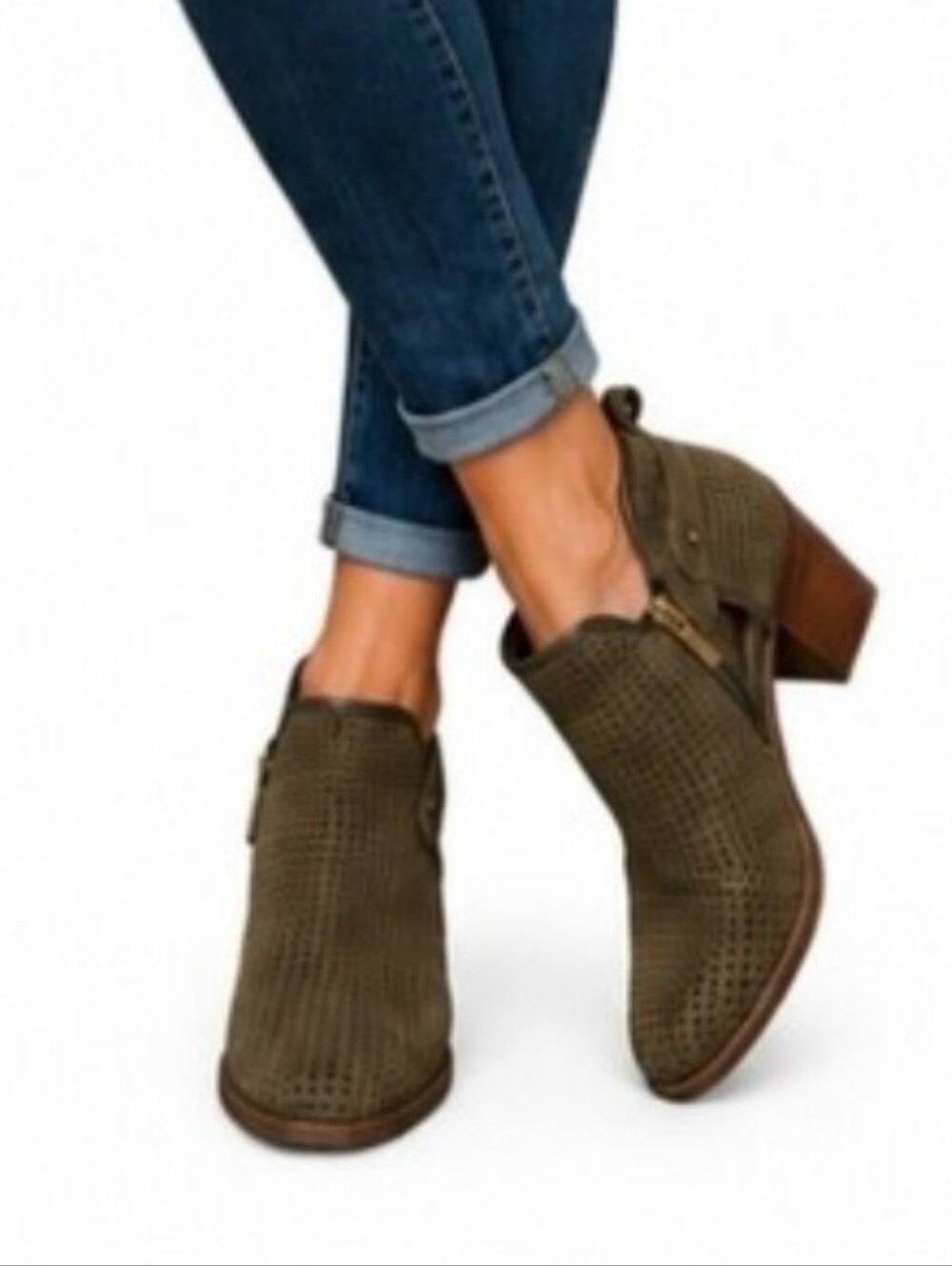 Franco Sarto Olive Suede Perforated Ankle Booties Size 7.5 Block Heel